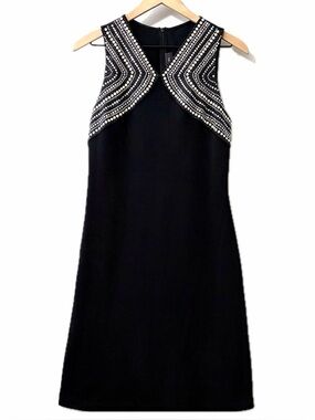 St. John Black Knit Cocktail Dress Sleeveless Beaded Embellished Sheath